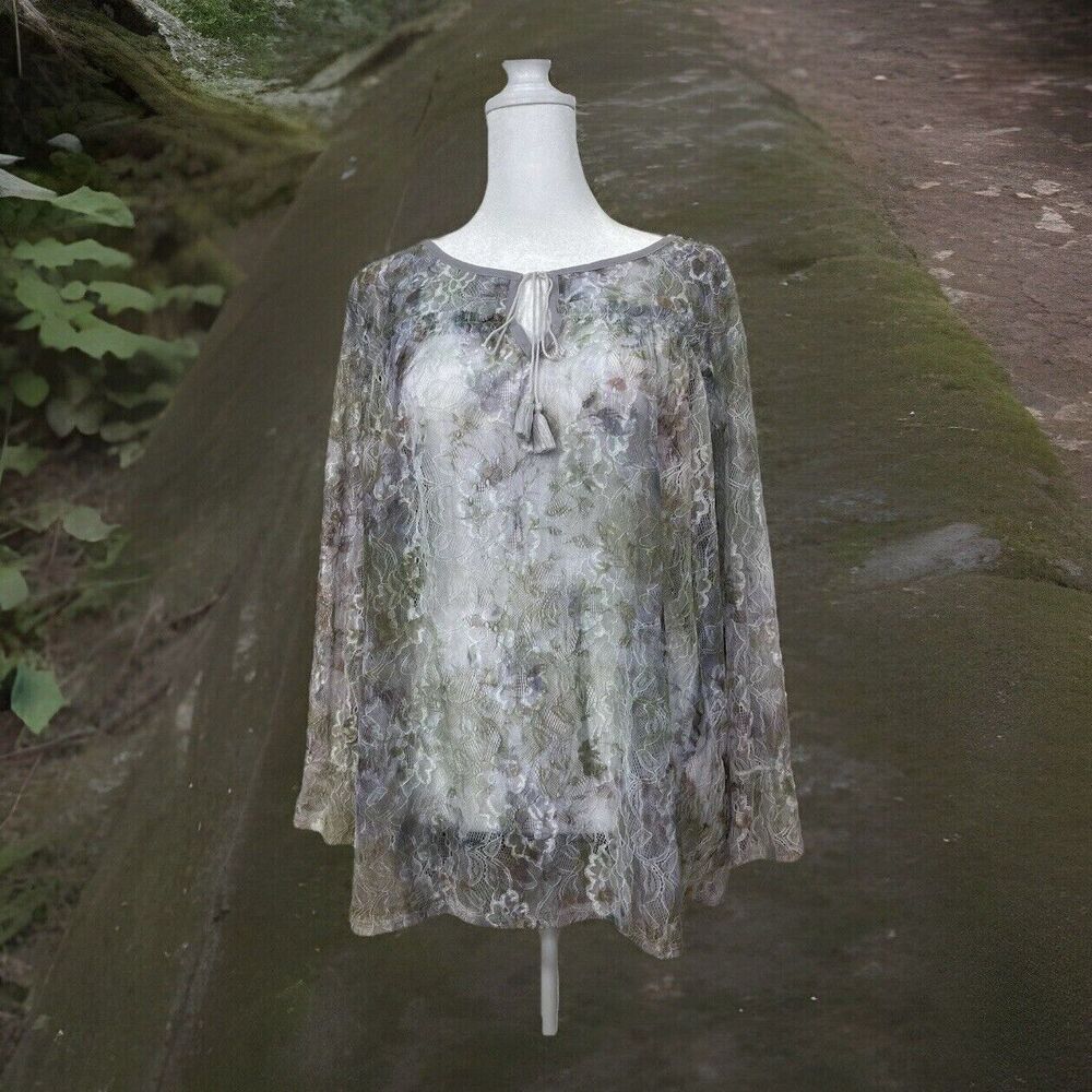 Zac & Rachel Women’s XL Blouse Lace Fairy Whimsygoth Green Purple Burnout Look